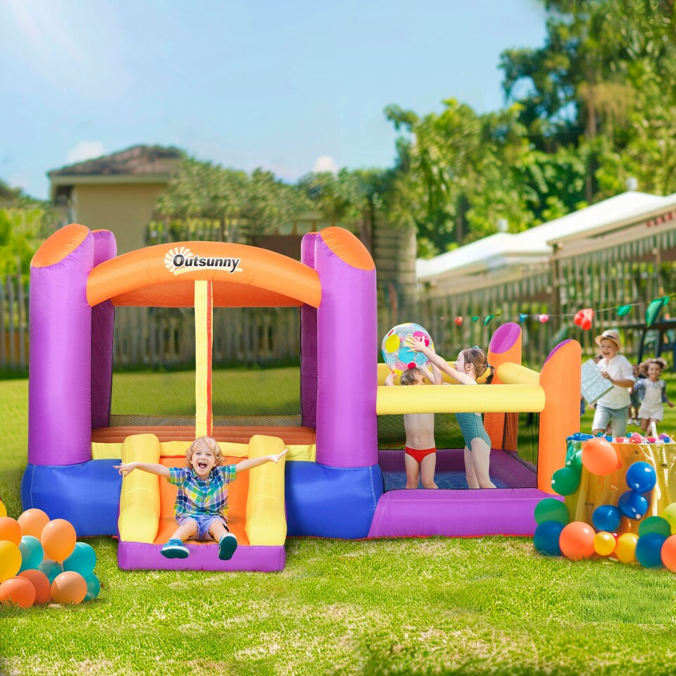 image 1 of Outsunny Bouncy Castle with Slide Pool House Inflatable w/ Blower Multi-color