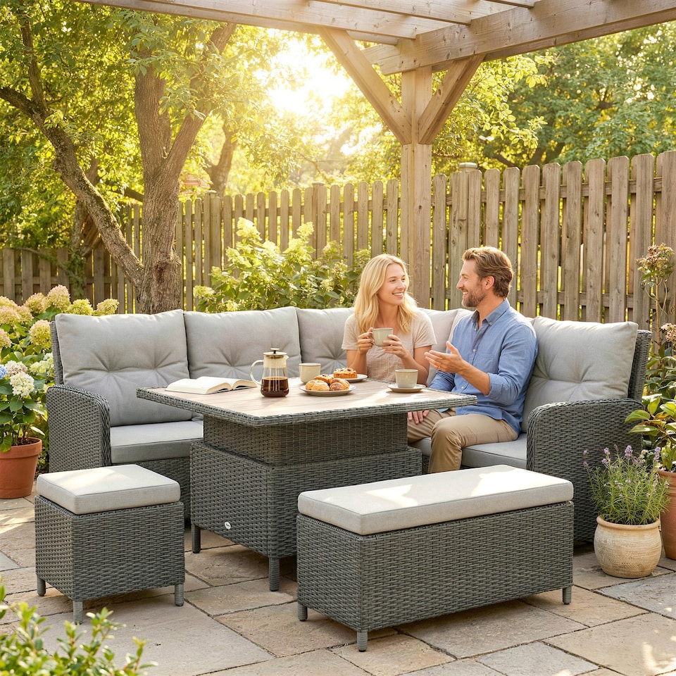 image 1 of Outsunny 6 PCs Rattan Garden Furniture Sectional Corner Sofa, Dark Grey | Grey | Dark Grey | Five Plus Seater