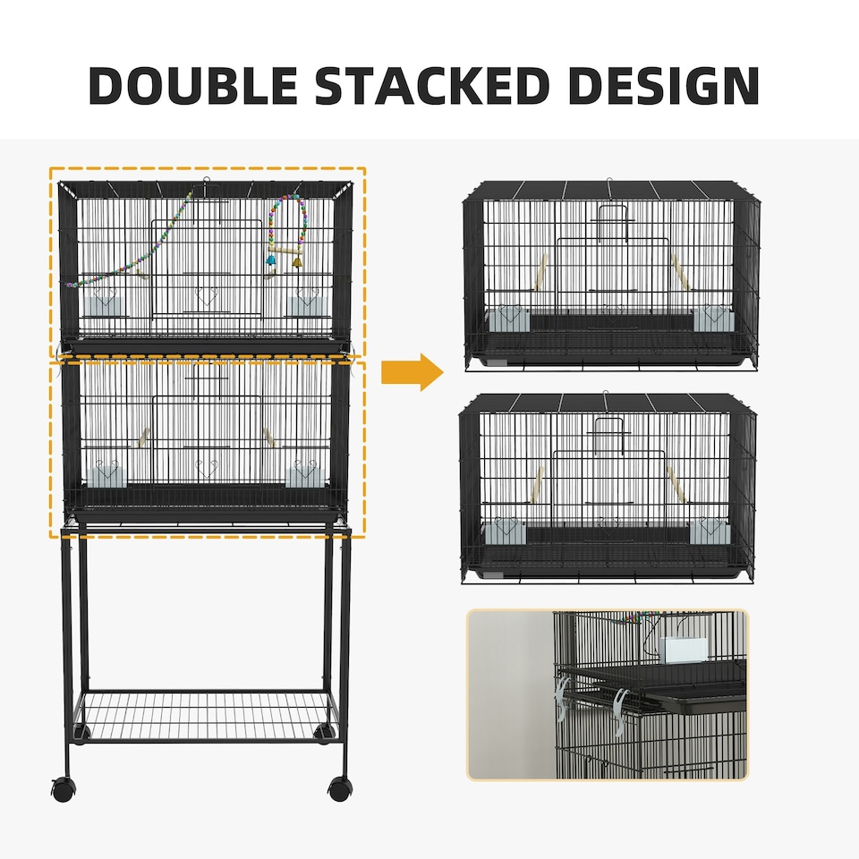 image 1 of PawHut Two-Tier Bird Cage on Wheels w/ Stand, for Canaries