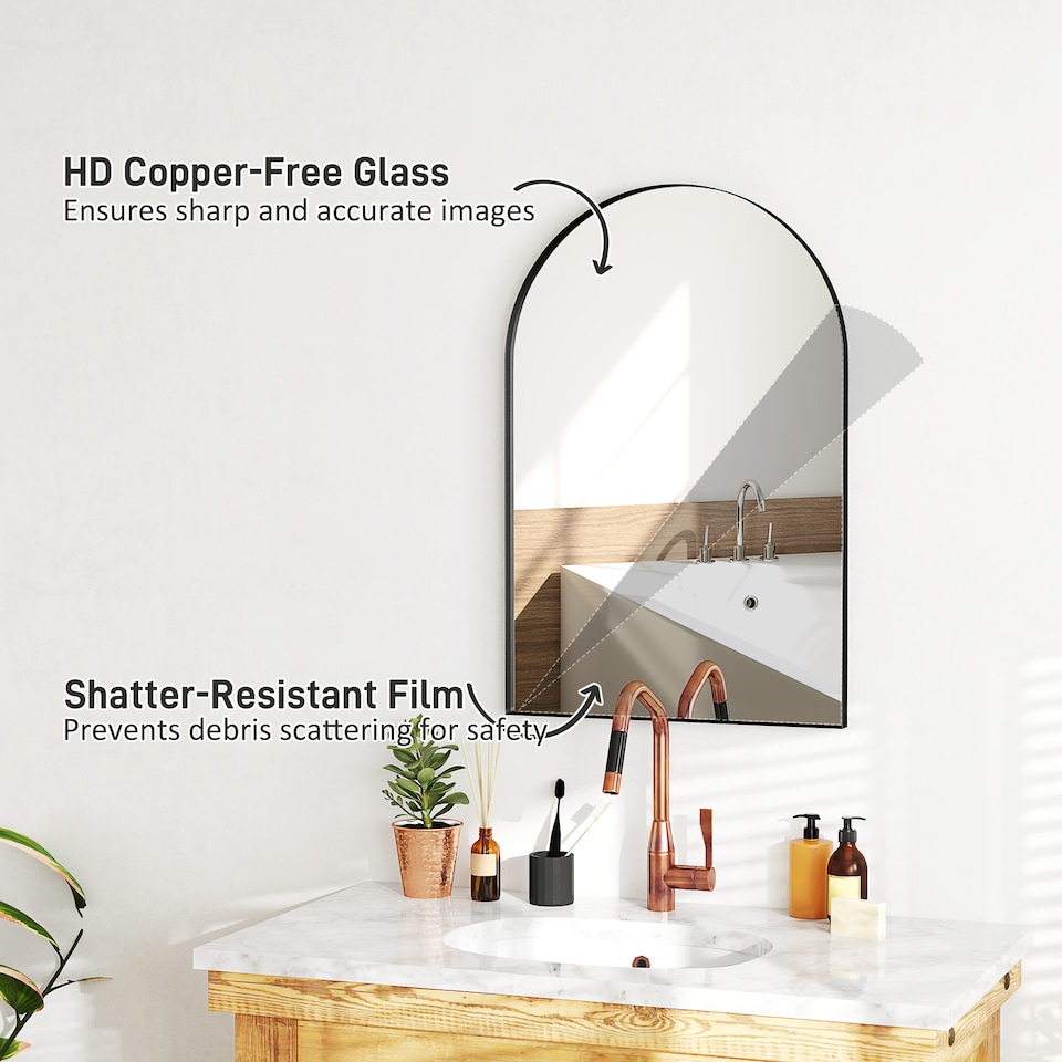 image 1 of HOMCOM Arch Bathroom Mirror, Wall Mirror with Steel Frame, 60 x 90cm, Black
