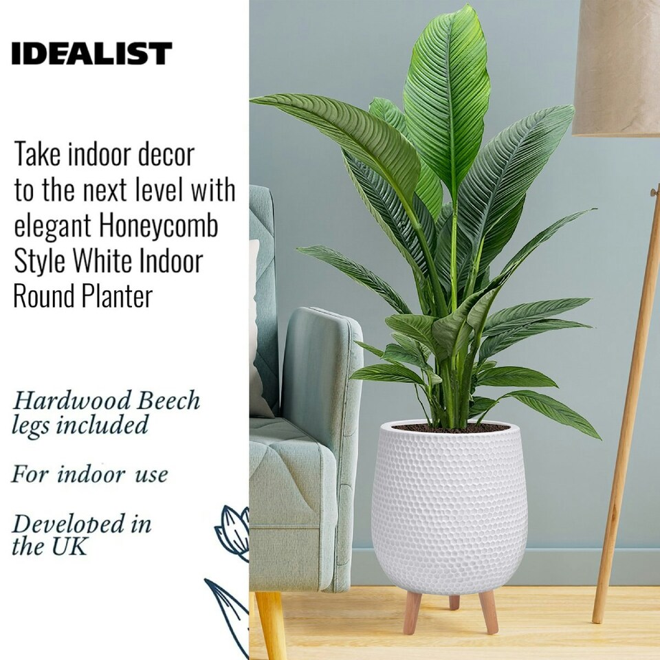 image 1 of Honeycomb Style White Planter with Legs, Round Indoor Plant Pot Stand for Indoor Plants by Idealist Lite D30 H43 cm, 19L
