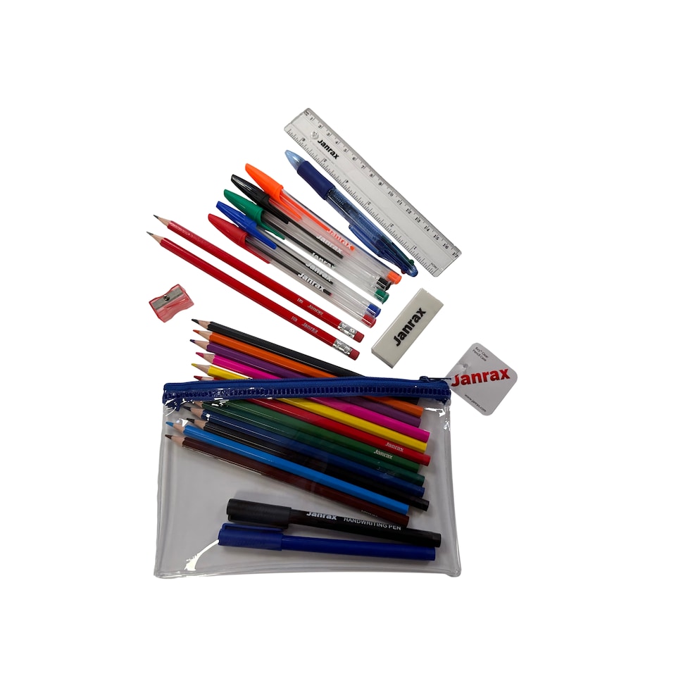 image 1 of Stationery Filled Blue Zip 8x5" Pencil Case with Colouring Pencils