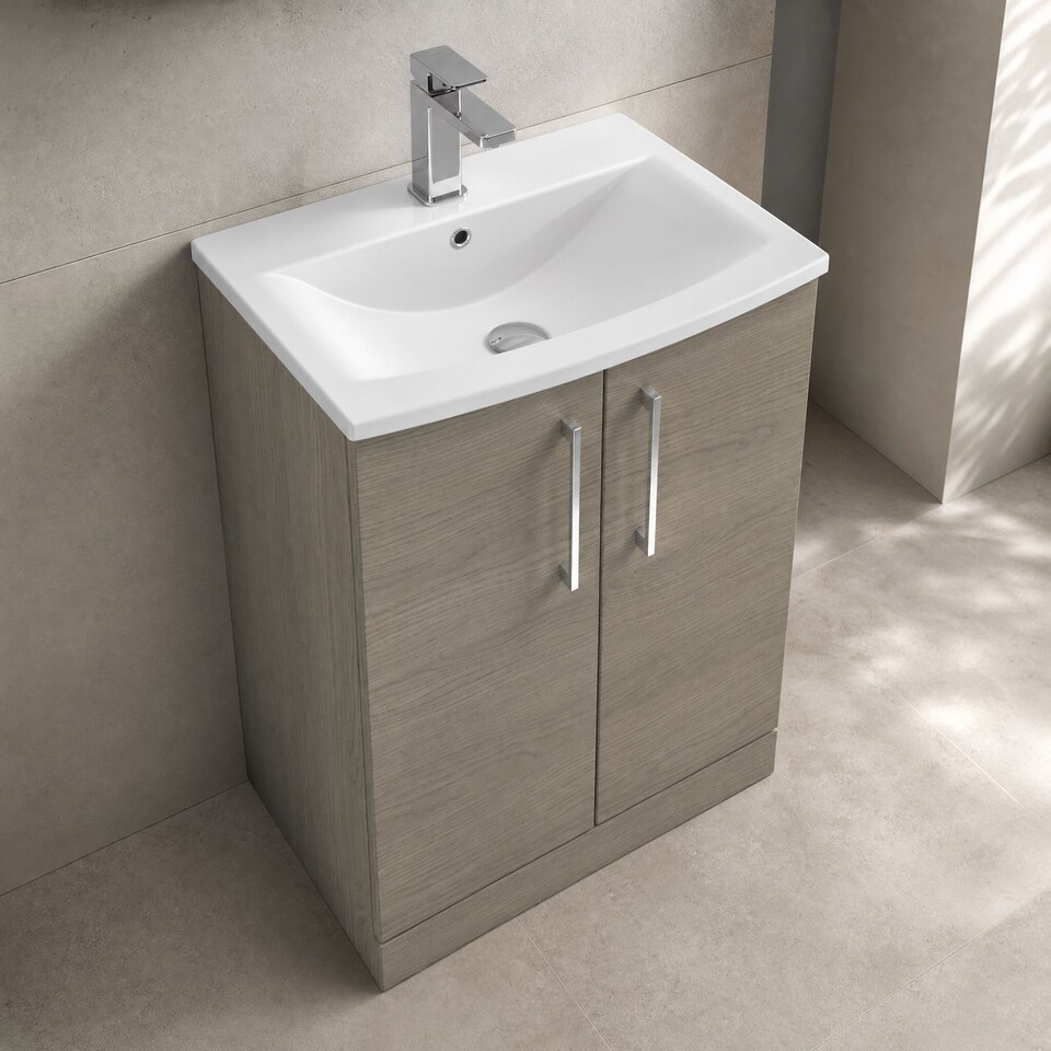 image 1 of Balterley Modern Bathroom Floor Standing 2 Soft Close Door Vanity Unit & Curved Basin | Brown | Solace Oak | 830 x 610 x 440mm