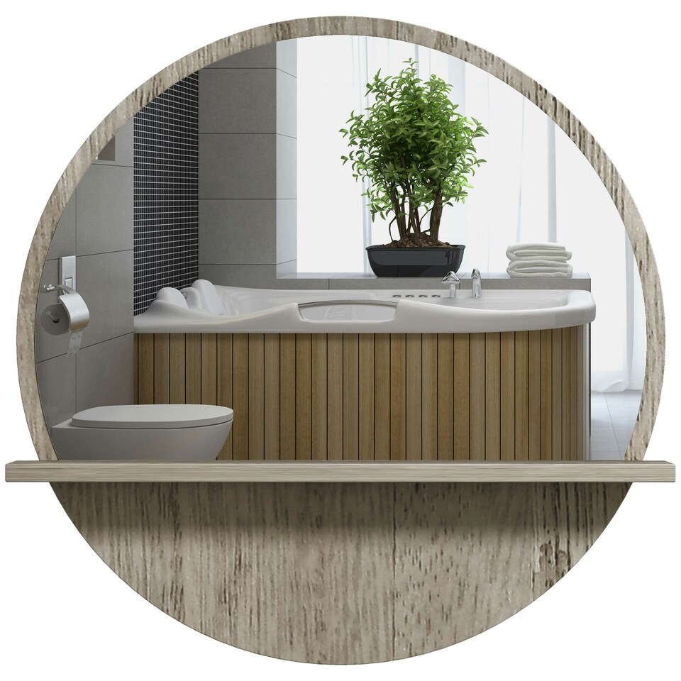 image 1 of kleankin Round Mirror for Wall Makeup Mirror with Shelf Grey Wood Effect