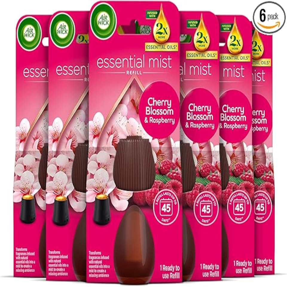 Air Wick Cherry Blossom & Raspberry Essential Mist Single Refills 6x20ml, Lasting for up to 45 days per refill, Air Freshener