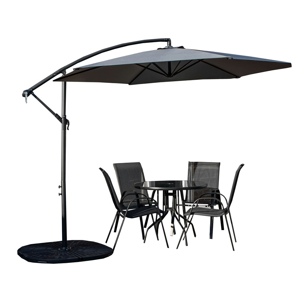 image 1 of Outdoor 4 Person Round Glass Top Garden Dining Table Chairs With Grey Banana Parasol and Base