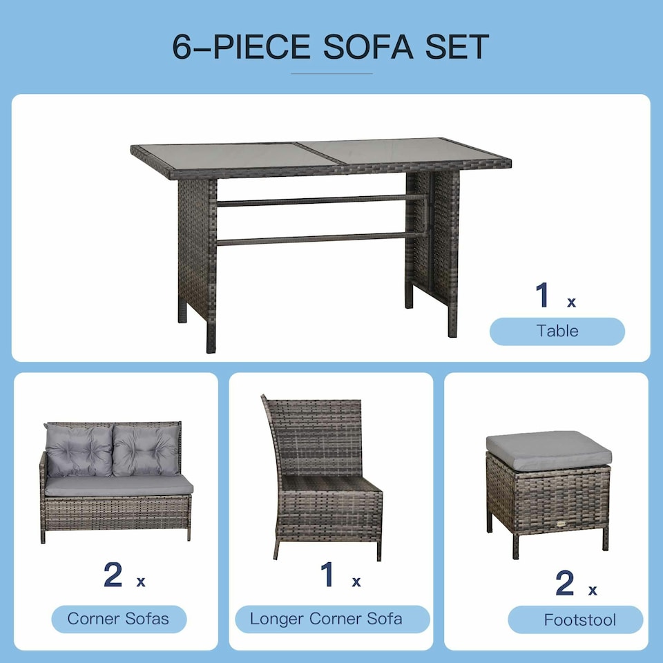 image 1 of Outsunny 6 PCs Patio wicker Sofa Set Rattan Chair Furniture w/ Glass