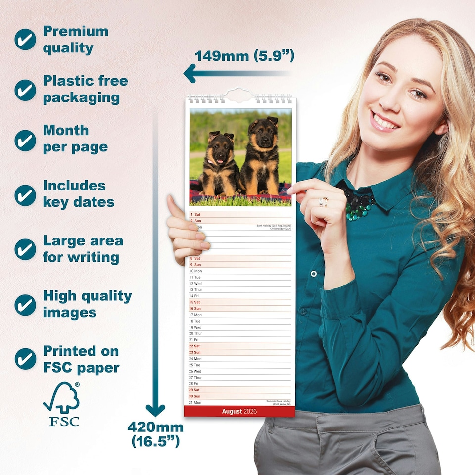 image 1 of German Shepherd Slim 2026 Calendar | Slimline Wall Calendar | Dog Breed Gift | Plastic Free Packaging | Avonside Publishing Ltd