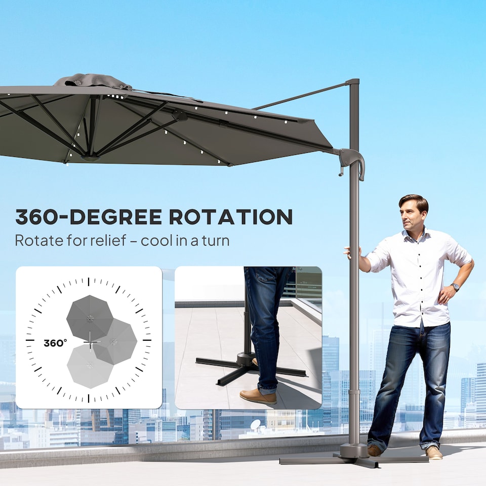 image 1 of Outsunny 3m Cantilever Roma Parasol Patio Sun Umbrella with Crank Tilt LED Solar Light Cross Base 360 Rotating Outdoor, Dark Grey