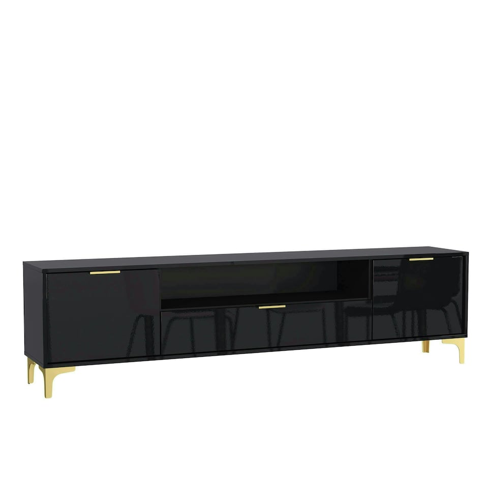image 1 of TV Unit 200cm Black Gloss Doors with Gold Legs and Centre Drawer Black