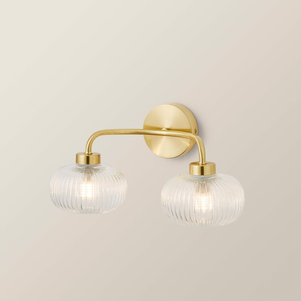 image 1 of ValueLights Amaia Gold IP44 2 Way Clear Ribbed Glass Wall Light & Bulbs | Gold