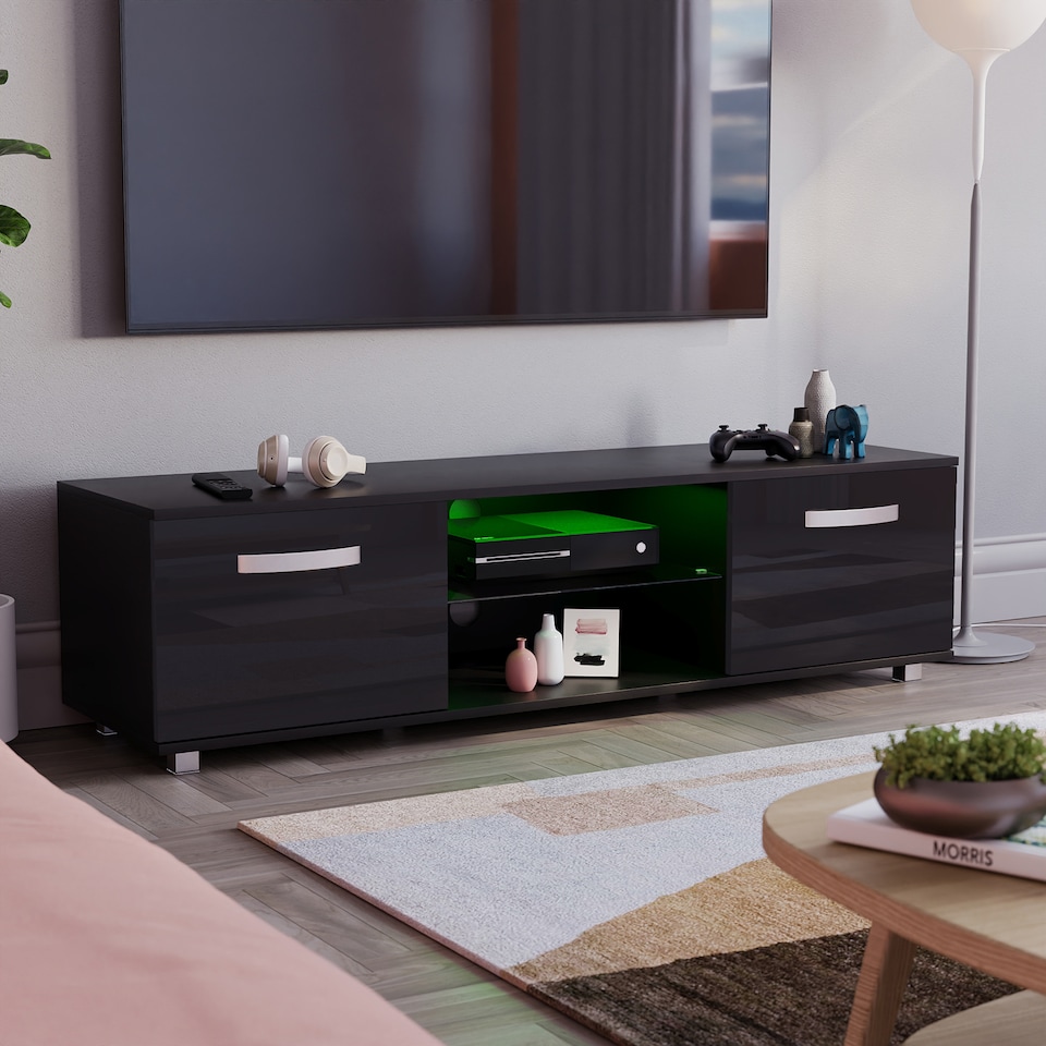 image 1 of Vida Designs Cosmo 2 Door LED TV Unit Entertainment Stand, 140cm, Black | Black | 1