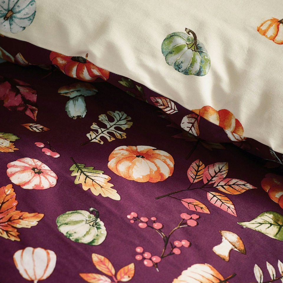image 1 of Catherine Lansfield Autumn Pumpkins Reversible Duvet Cover Set Plum Purple | Plum | Single