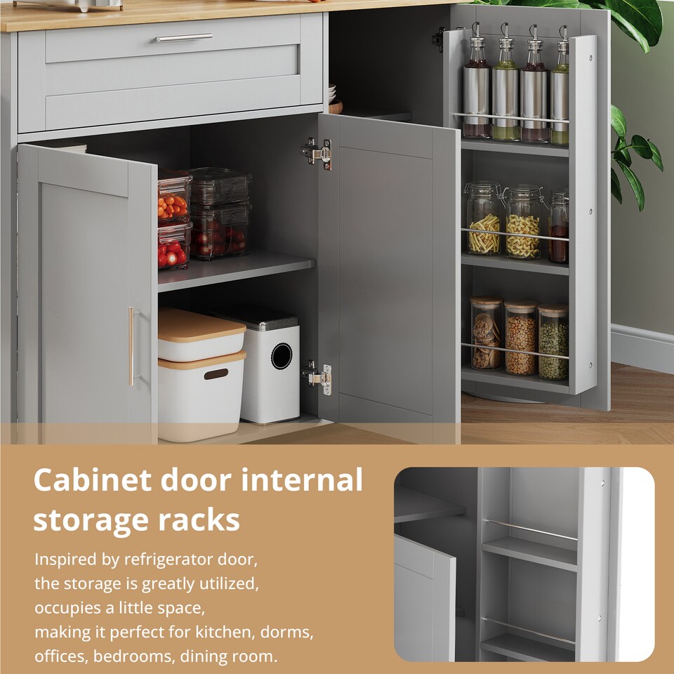 image 1 of VILUXE Mobile Kitchen Island with Foldable Worktop, Drawer, Adjustable Cabinets, 3 Door Spice Racks, Towel Rail and 5 Wheels, Grey