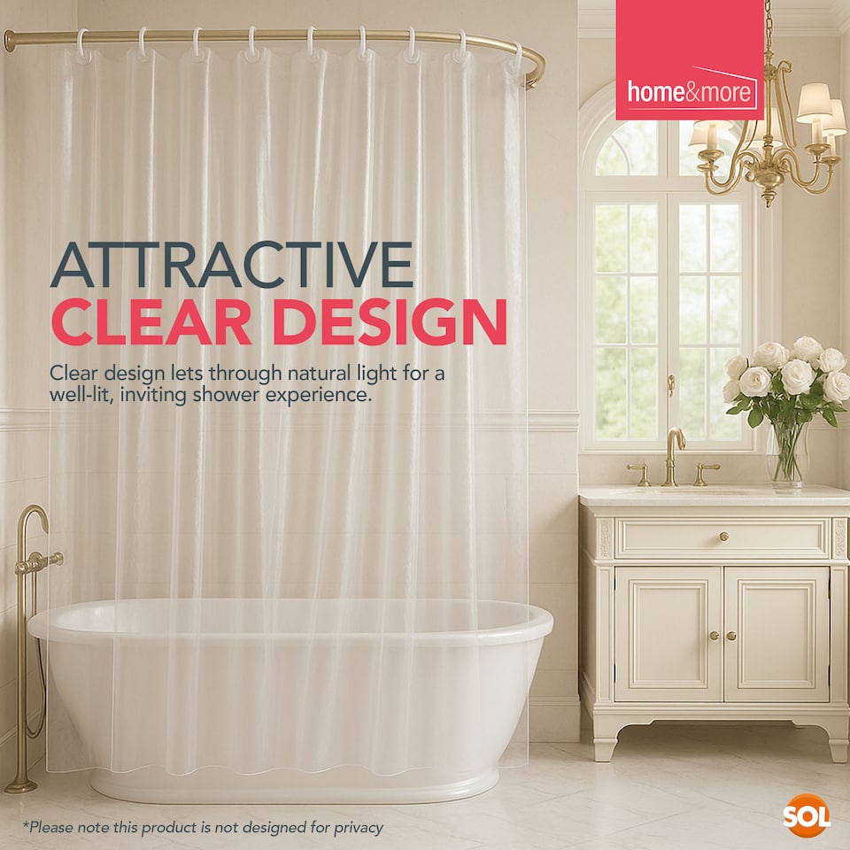 image 1 of Clear Shower Curtain 180x180cm with 12 Hooks Waterproof Plastic Bath Liner with Rust Proof Grommets Anti Mould and Easy to Install