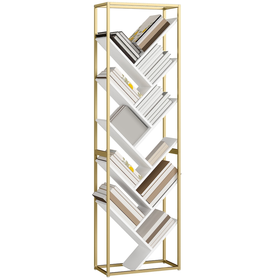 image 1 of HOMCOM Tree Bookshelf, 10 Tier Floor Standing Bookcase, Modern Tall Display Storage Shelving Unit for Living Room, Home Office, Bedroom, White and Gold Tone | White | White and Gold Tone