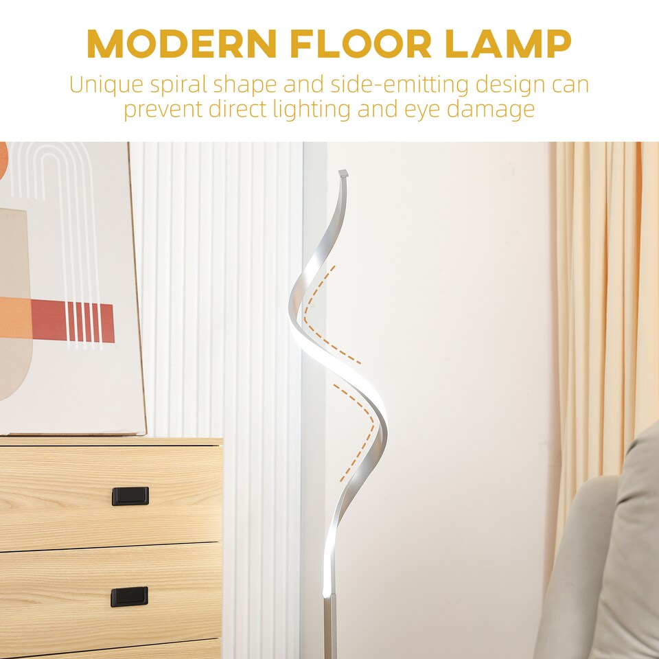 image 1 of HOMCOM Dimmable Floor Lamp for Living Room, Modern Spiral Standing Lamp with 3 Adjustable Brightness and Square Base, Silver