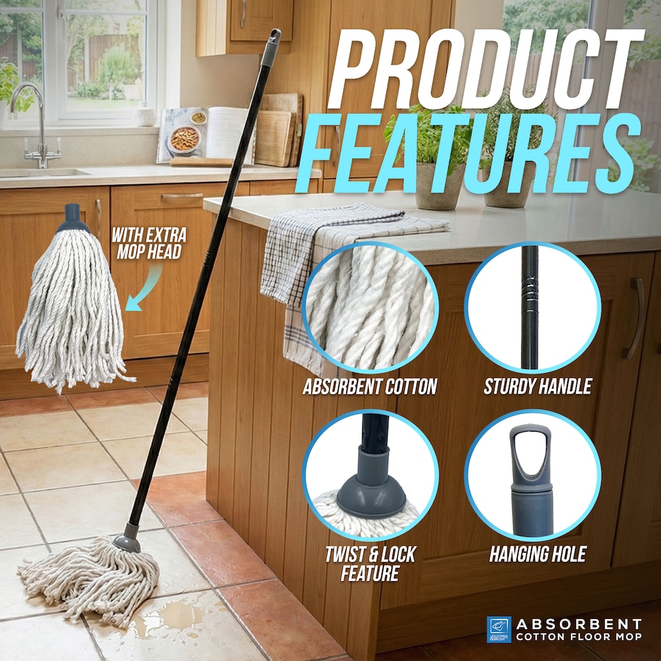 image 1 of Highly Absorbent Cotton Floor Mop Set Traditional String Mop with Extra Replacement Head