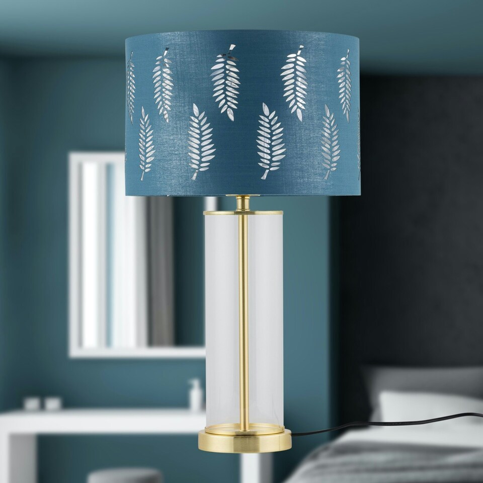 image 1 of Aura - Satin Brass Table Lamp with Teal Fern Cut Out Silver Shade