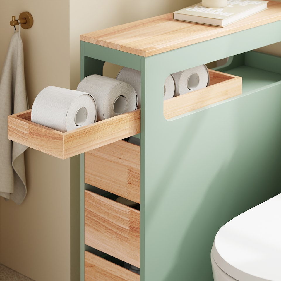 image 1 of SoBuy 4-Drawer Bathroom Side Cabinet with Open Top Compartment, Green & Wood, 25.6x9.1x32.3 inches, 22 kg - BZR54-II-GR
