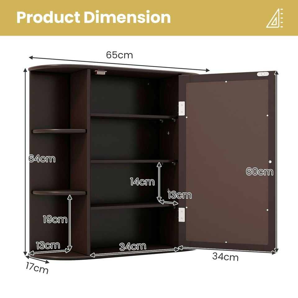 image 1 of COSTWAY Mirrored Bathroom Cabinet Wall Mount Storage Brown Brown