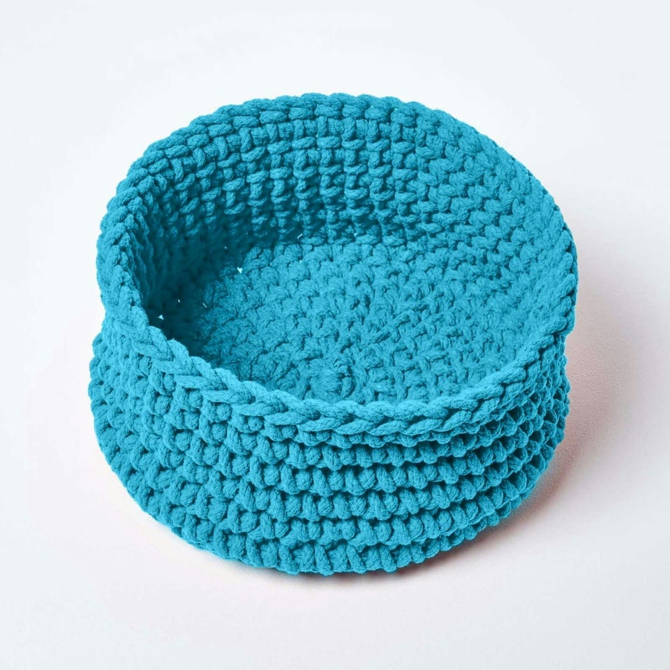 image 1 of Homescapes Teal Blue Cotton Knitted Round Storage Basket - 37 x 21cm Blue | M