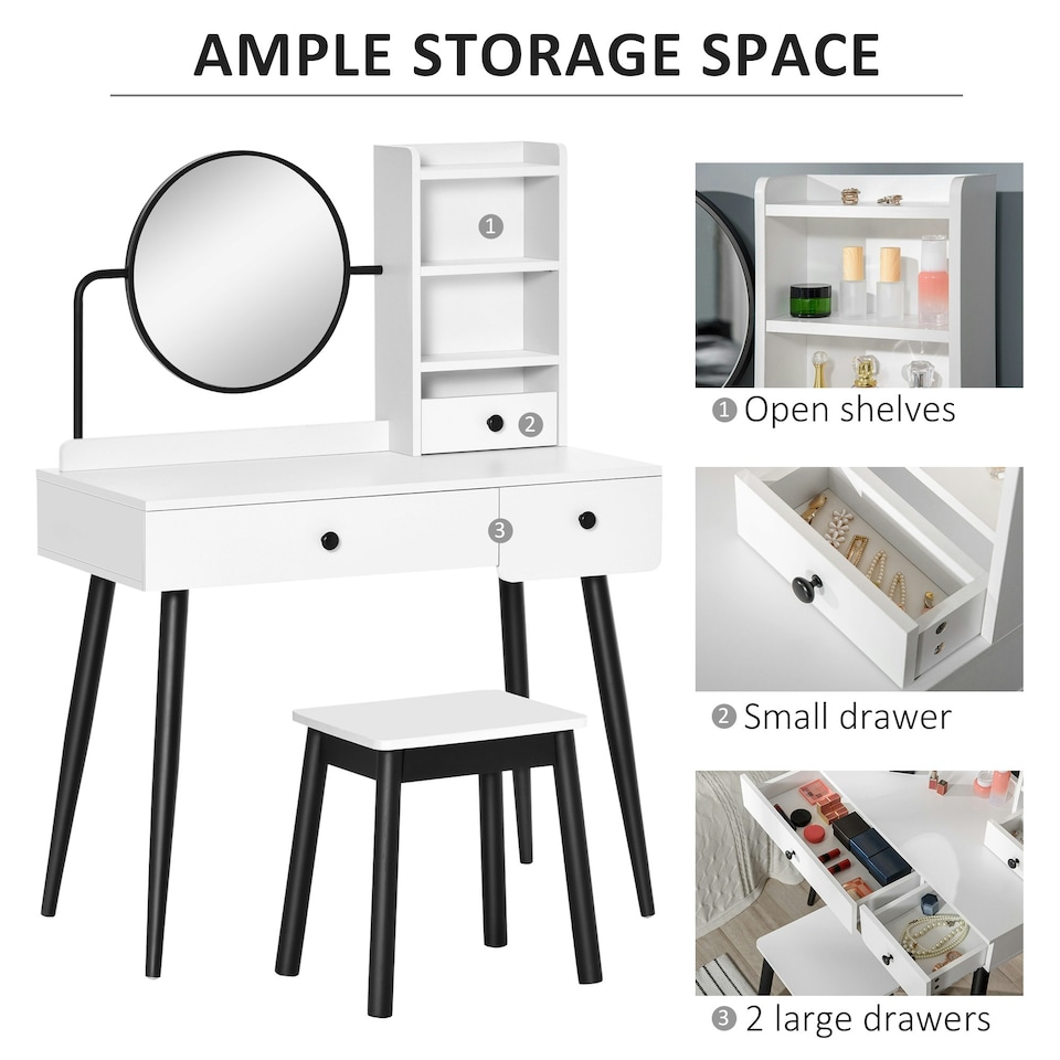 image 1 of HOMCOM Dressing Table Set with 3 Drawers, Storage shelves and Stool, White