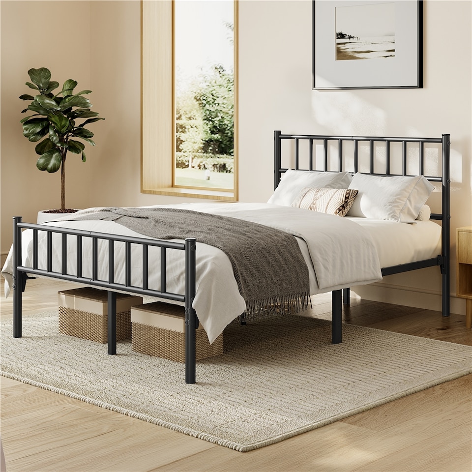 image 1 of Yaheetech 4ft6 Double Metal Bed Frame with Slatted Headboard Black