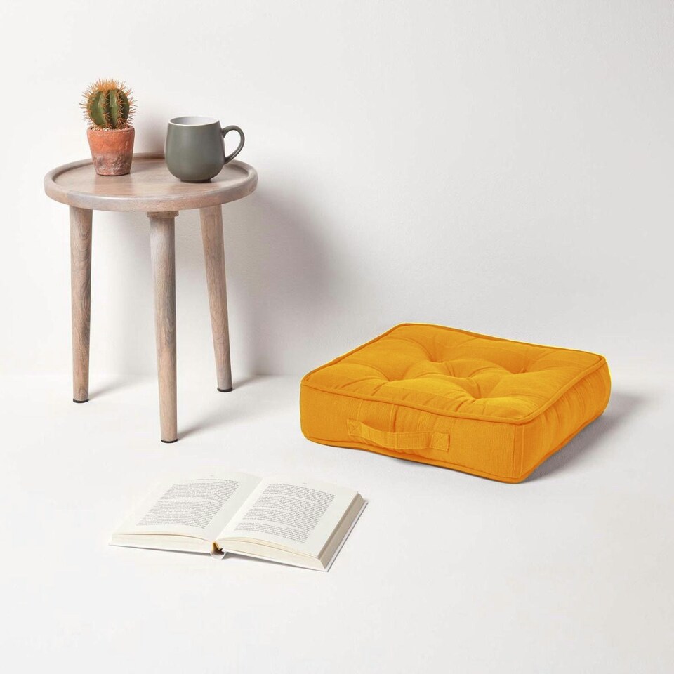 image 1 of Homescapes Rajput Ribbed Cotton Floor Cushion Mustard Yellow Yellow