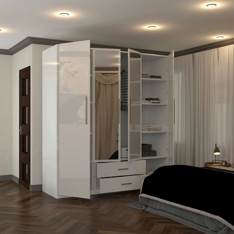 image 1 of Modern 4-Door High Gloss Wardrobe with Soft-Close Mirrors, Gold Accent Handles, Drawers & Shelves – 160cm Wide White | White160cm