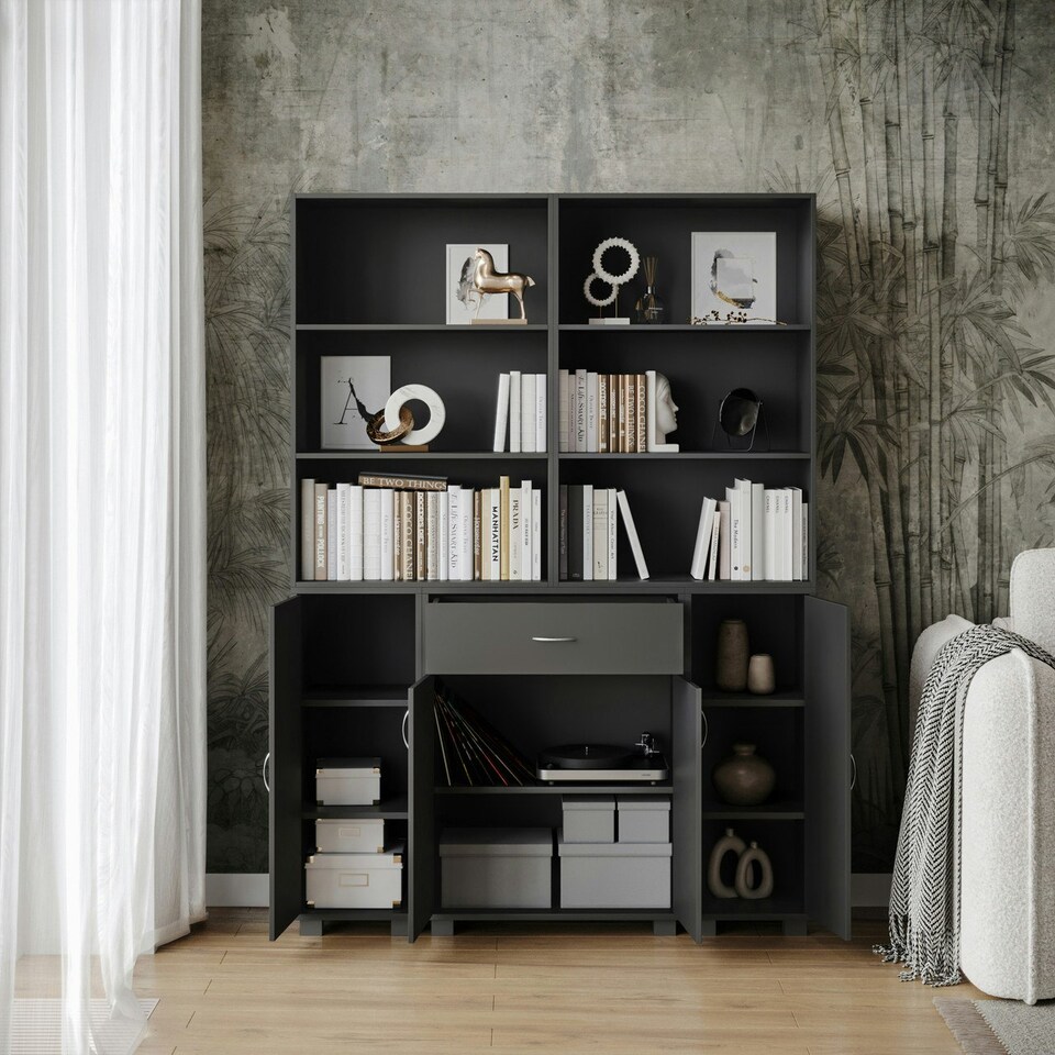 image 1 of Multi-Compartment Cabinet with 3-Tier Bookshelves and 1-Drawer Grey | Unit Colour: Grey