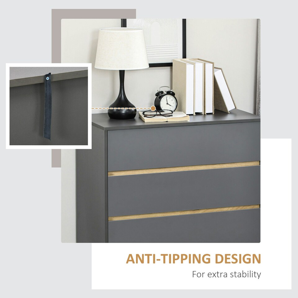 image 1 of HOMCOM Chest of Drawers, 3 Drawer Storage Cabinet Organiser Bedroom Dark Grey