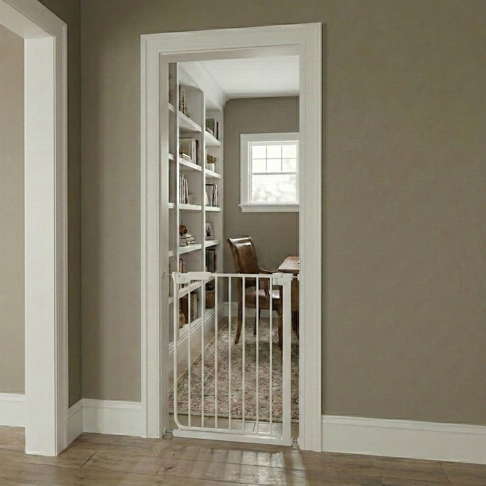 image 1 of Safetots Super Narrow Baby Gate, 60.5cm - 66.5cm, White, Child Safety Barrier, Pressure Fit Stair Gate | White | 1