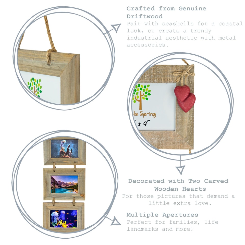 image 1 of Nicola Spring Rustic White Hearts Hanging 3 Photo Frame - 6 x 4" - Natural