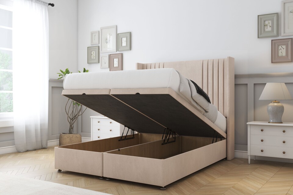 image 1 of Sloomy Camden Sand Naples Ottoman Bed With Mattress With 54" Wingback Headboard 6' Super King