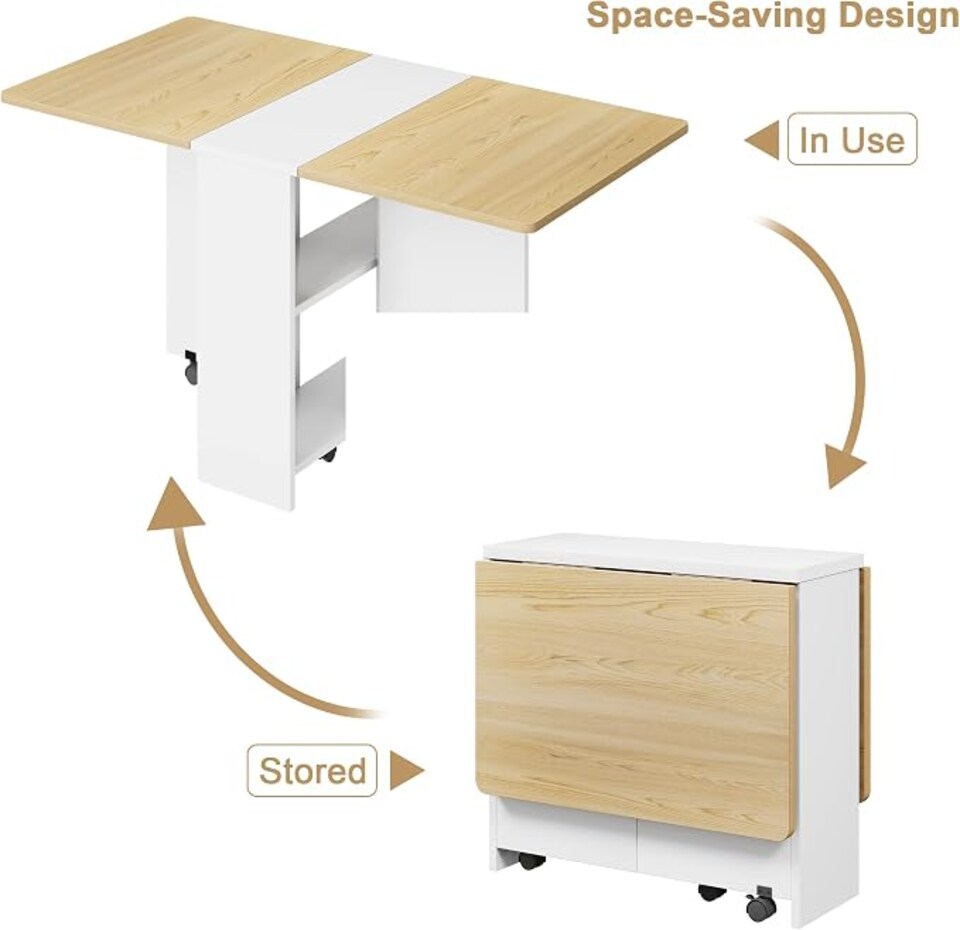 image 1 of London Boutique Natural Wood Drop Leaf Folding Dining Table, Mobile Kitchen Island with Lockable Wheels & Storage Shelves