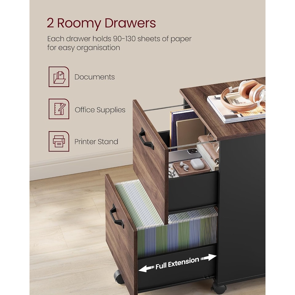image 1 of Mobile Filing Cabinet with Printer Stand and 2 Drawers, Office Storage Unit, Natural Walnut and Ink Black