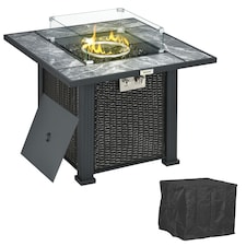 Outsunny Outdoor PE Rattan Gas Fire Pit Table, Patio Square Propane Heater with Marble Desktop, Rain Cover, Glass Windscreen, and Glass Stones, 50,000 BTU, Black