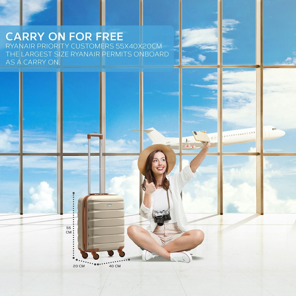 image 1 of 55x40x20cm Ryanair (Priority) TUI, Carry on Cabin Suitcase Hard Shell Approved for 60+ Airlines Cream | Cream/Brown | Cabin Bag