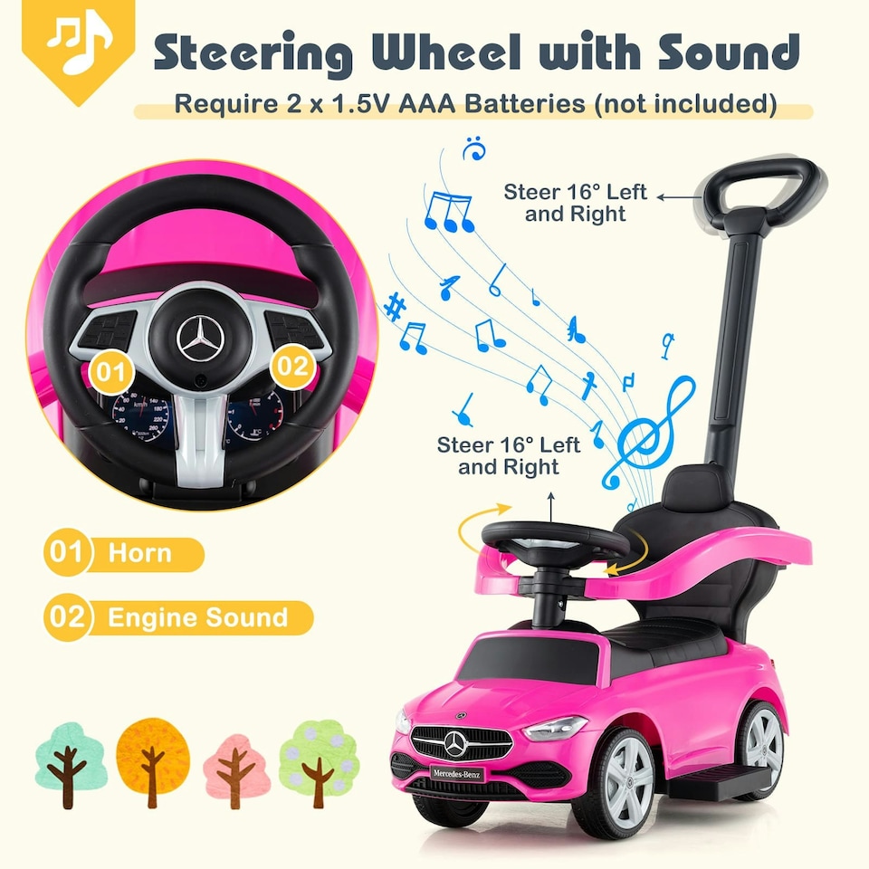 image 1 of COSTWAY 3-in-1 Ride on Push Car w/ Adjustable Canopy Pink