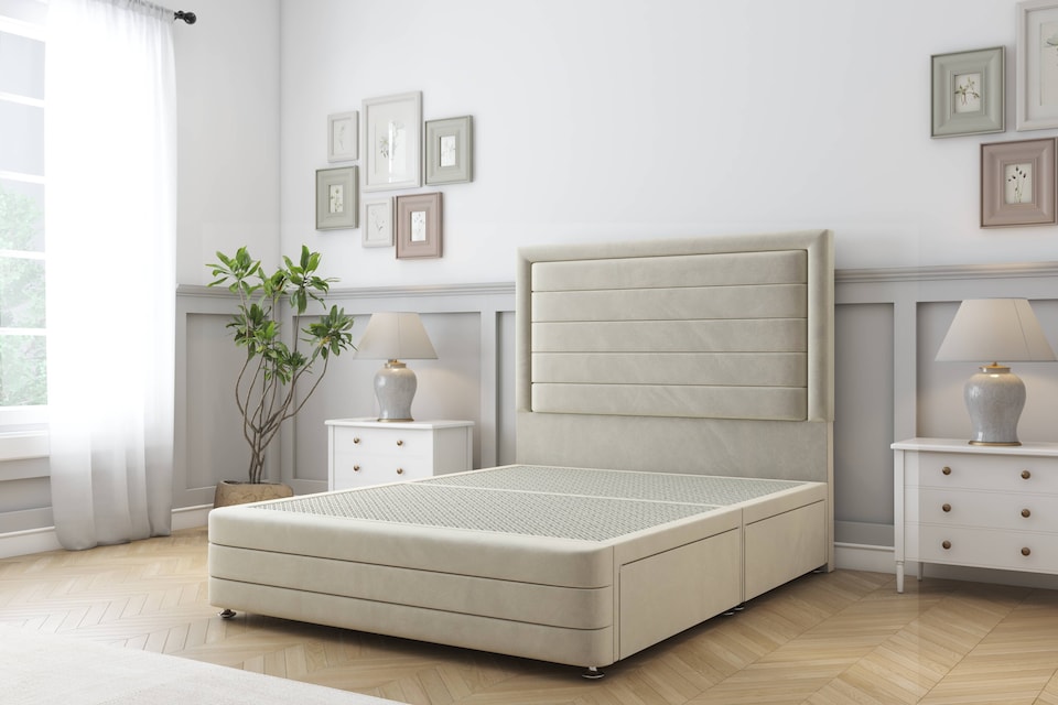 image 1 of Sloomy Ashford Cream Plush Divan Bed Base 2 Drawers Right Side With 26 Inch Strutted Headboard & 12 Inch Matching Footboard | Cream | Cream | Single | 1