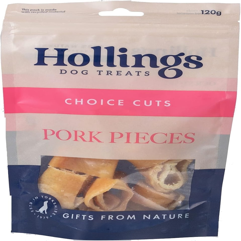 Hollings Pork Pieces Dog Treats, 100% Natural Air Dried Nutritious Dog Chews, Grain Free & High in Protein (120g)