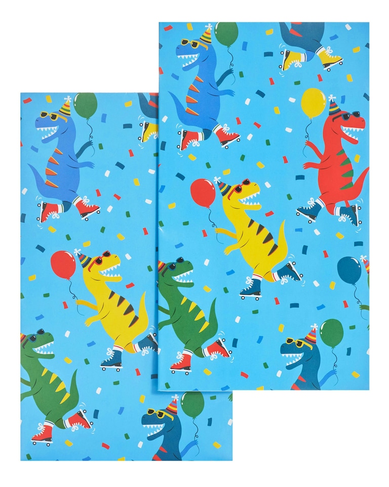 image 1 of Multipack of 6 Sheets of Wrapping Paper & 6 Tags | Birthdays | For Boys | Dino Design | Blue