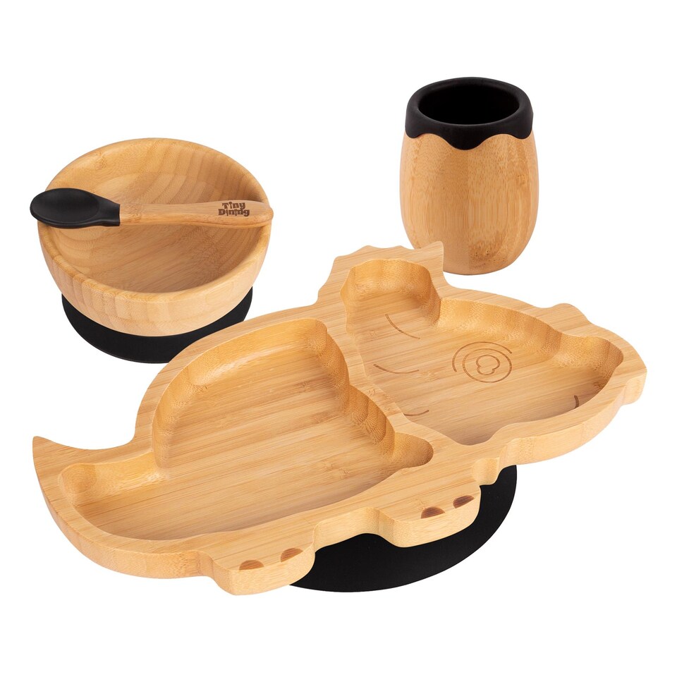 image 1 of Tiny Dining 4pc Dinosaur Bamboo Suction Baby Feeding Set - Black