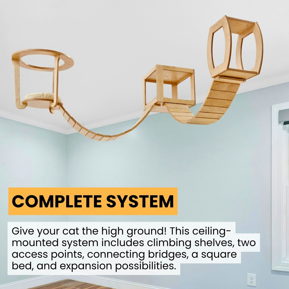 image 1 of NOVECRAFTO Modular Ceiling Cat Furniture – Wooden Hanging Cat Tower with Shelves, Bridge & Sleeper – Space-Saving Climbing System for Indoor Cats Brown