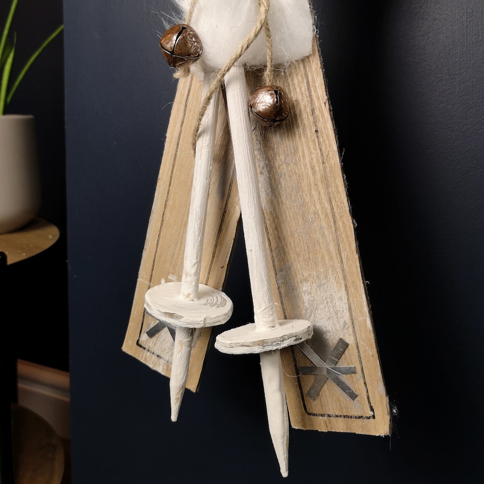 image 1 of 55cm Wooden Skis with Decorative White Fur and Silver Bells Christmas Decoration