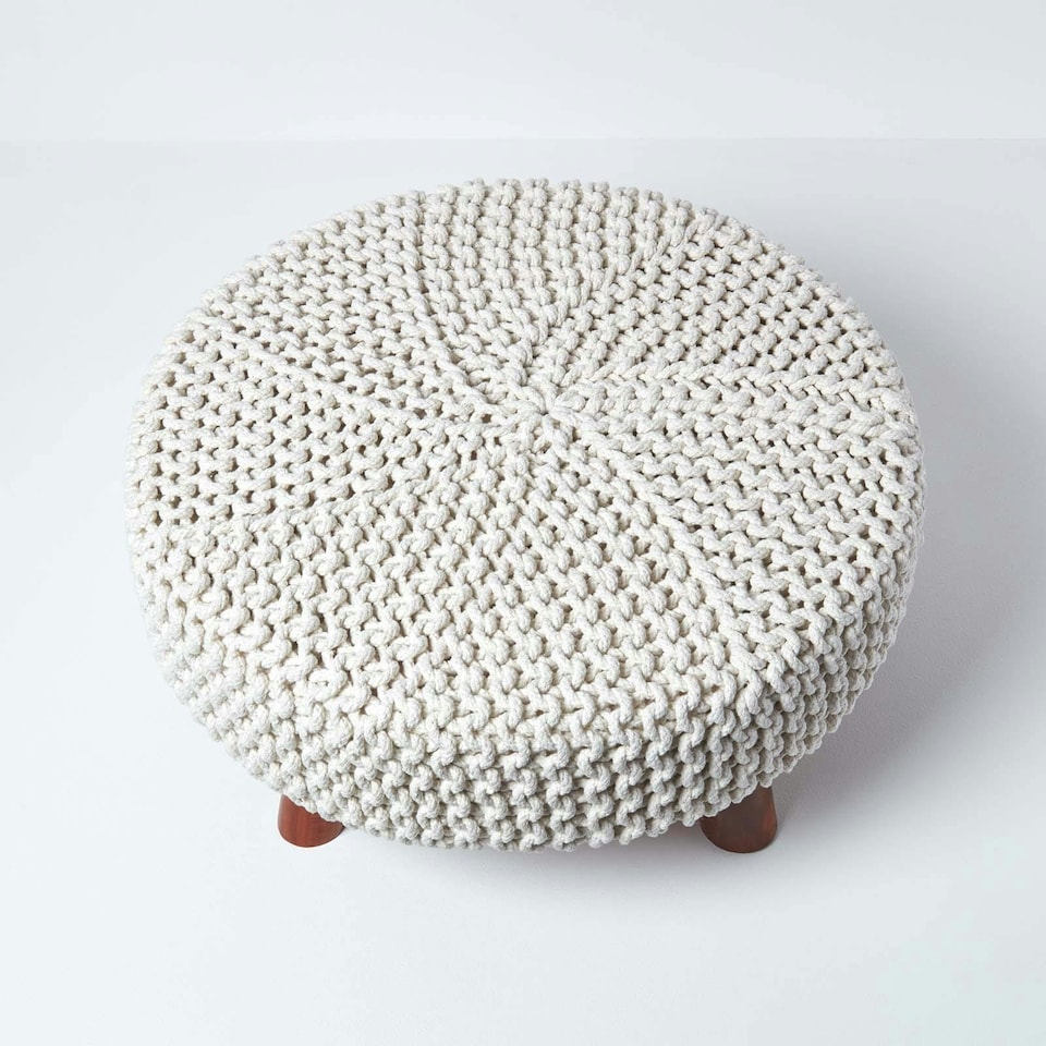 image 1 of Homescapes Natural Large Round Cotton Knitted Footstool on Legs | Cream | 62 x 62 x 30 cm