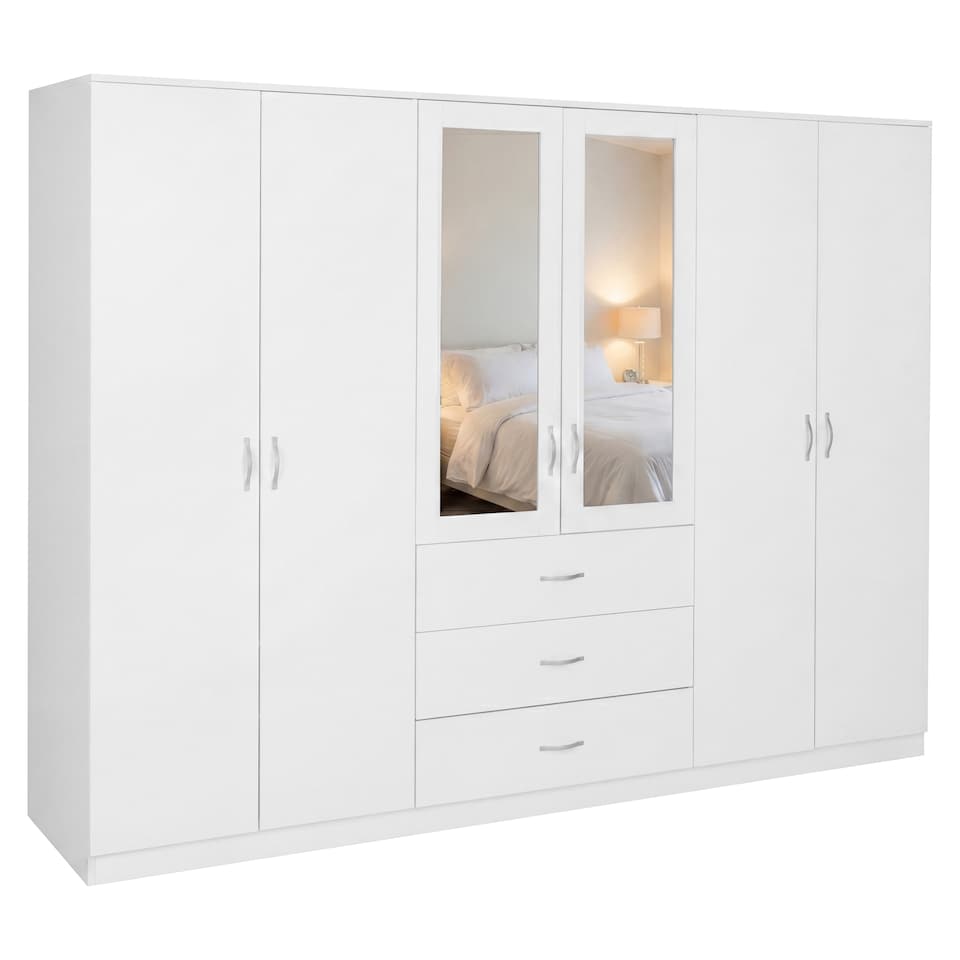 image 1 of Vida Designs Riano 6 Door 3 Drawer XX-Large Mirrored Wardrobe, White