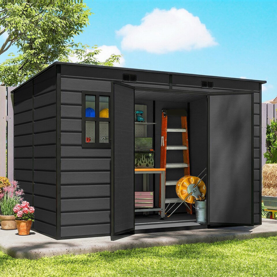 image 1 of Outsunny 10 x 6 ft Plastic Garden Shed with Floor, Lockable Doors, Dark Grey | Grey | Dark Grey