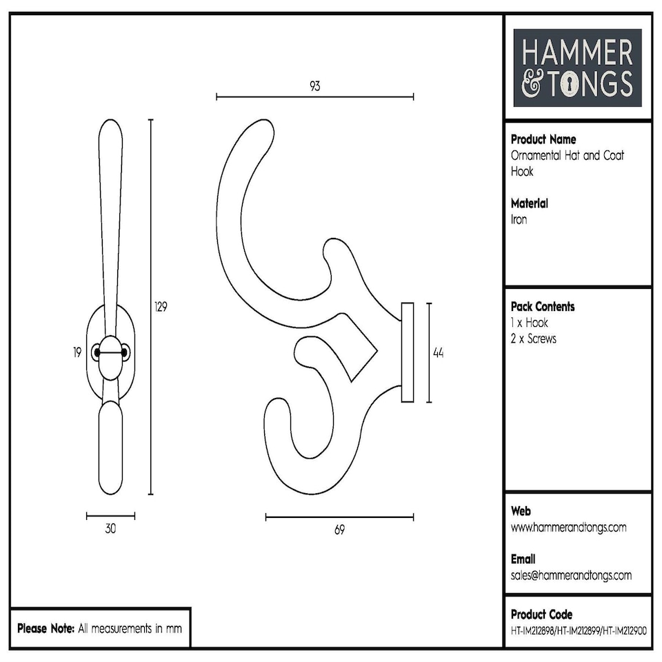 image 1 of Hammer & Tongs Ornamental Hat & Coat Hook - W30mm x H130mm - Black
